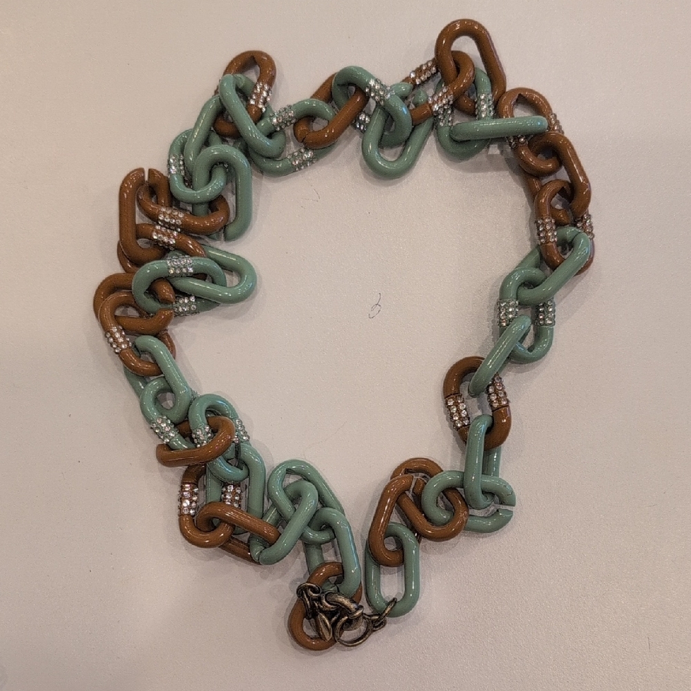 J. Crew Mint and Brown Link Necklace with Crystal Accents